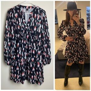 *NWOT* LONG SLEEVE SMOCK DRESS Notched Neck Black Multi Print Ruffle Hem SMALL
